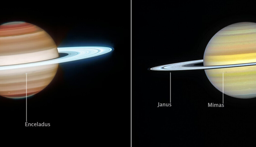 Las nuevas imágenes del planeta Saturno registradas en el año 2024 por los telescopios espaciales James Webb (izquierda, en el infrarrojo) y Hubble (derecha, espectro visible). NASA, ESA, CSA, STScI, Amy Simon (NASA-GSFC), Michael Wong (UC Berkeley); Image Processing: Joseph DePasquale (STScI)., CC BY