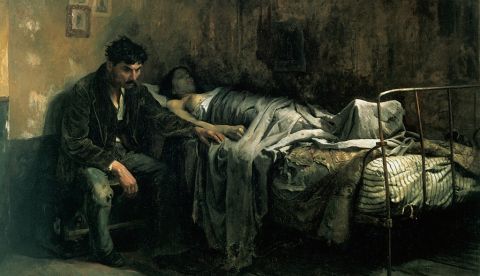 La Miseria, de Cristóbal Rojas (1886). El autor, aquejado de tuberculosis, refleja el aspecto social de la enfermedad, y su relación con las condiciones de vida durante los últimos años del siglo XIX.