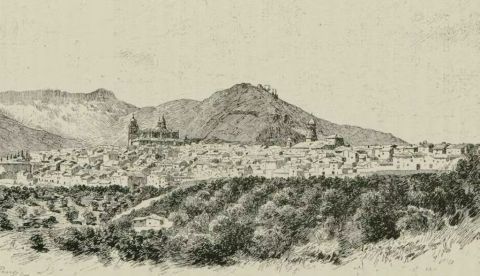 Grabado de Josep Pascó de ‘La ciudad de Jaén y cercanías’, del libro ‘España, sus monumentos y sus artes, su naturaleza e historia. Granada, Jaén, Málaga y Almería’, de Francisco Pi y Margall (1885). Biblioteca Virtual de Andalucía / Wikimedia Commons