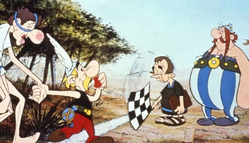 Asterix vence a Merinos, campeón de los Juegos Olímpicos, en la película animada Las doce pruebas de Astérix (1976). 