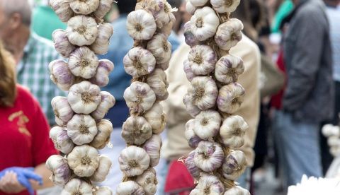 Tradicional venta de ristras de ajo en un mercado de Vitoria. EFE/Archivo