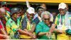 ANC president Cyril Ramaphosa, centre, and his deputy, Paul Mashatile, right, help cut the cake at the party’s 112th anniversary celebration at Mbombela Stadium, Mpumalanga. Dirk Kotze/Gallo Images via Getty Images