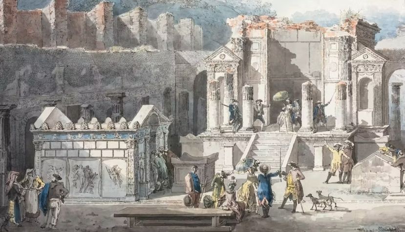 El Templo de Isis en Pompeya. Grabado realizado por Francesco Piranesi, coloreado a mano por Louis Jean Desprez, 1788. The Cleveland Museum of Art., CC BY-SA