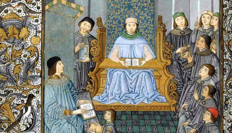 Antonio de Nebrija impartiendo una clase de gramática en presencia de D. Juan de Zúñiga. ‘Introducciones Latinae’, 1486. Biblioteca Nacional. Madrid. Wikimedia Commons / BNE