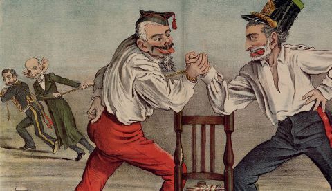 Pasatiempos fusionistas, caricatura de Martínez Campos y Sagasta, dibujo de Eduardo Sojo, publicado en El Motín el 10 de julio de 1881.