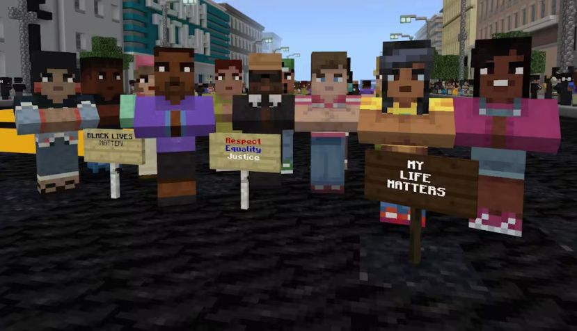 Captura de pantalla de Good Trouble, un universo de Minecraft Education, en la que aparecen activistas del movimiento Black Lives Matter. Microsoft