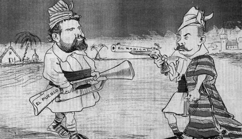Caricatura de junio de 1903 representando el conflicto entre Vicente Blasco Ibáñez (izquierda) y Rodrigo Soriano (derecha) / Wikipedia
