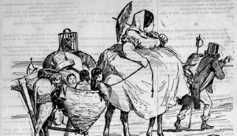 Caricatura publicada por la revista satírica Gil Blas el 4 de octubre de 1868, cuatro días después de que la reina Isabel II se viera obligada a marchar al exilio. Llevaba por título ¡A Francia!. / Wikipedia.