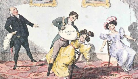 Caricatura satírica británica sobre el óxido de nitrógeno o ‘gas de la risa’. Wikimedia Commons