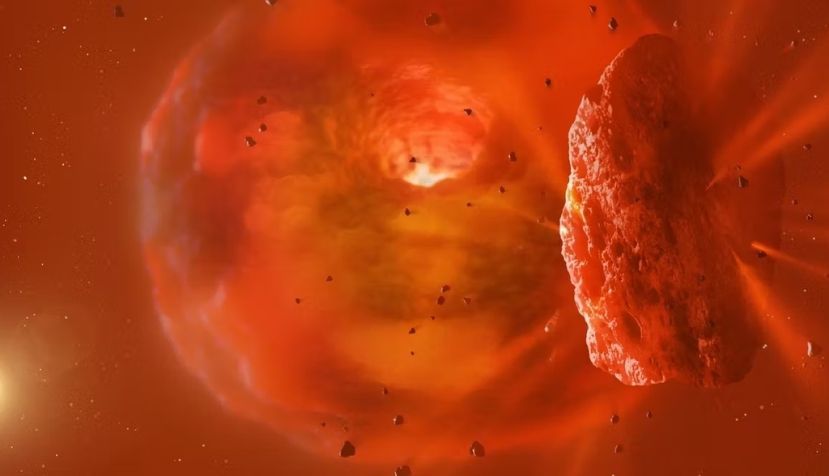 Visualización de un enorme cuerpo planetario brillante producido por una colisión planetaria. Mark Garlick/Eurekalert