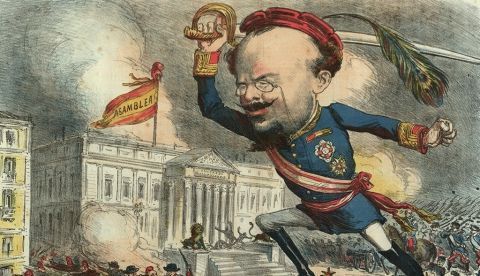 Caricatura de Pavía durante el golpe, en La Madeja Política, dibujo de Tomás Padró Pedret. / Wikipedia