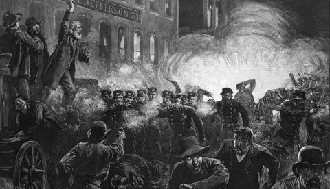 Ilustración sobre la bomba que estalló en Chicago y que condenó a la horca a los Mártires de Chicago.