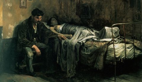 La Miseria, de Cristóbal Rojas (1886). El autor, aquejado de tuberculosis, refleja el aspecto social de la enfermedad, y su relación con las condiciones de vida durante los últimos años del siglo XIX.