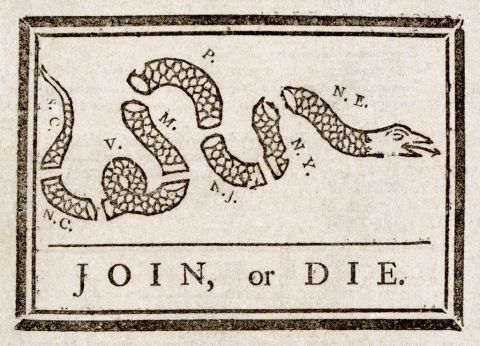 Únase, o muera, por Benjamin Franklin, fue reciclada para animar a las antiguas colonias a unirse contra el dominio británico. / Wikipedia