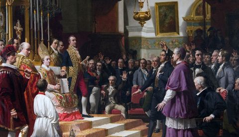 Juramento de las Cortes de Cádiz en la Iglesia Mayor Parroquial de San Fernando el 24 de septiembre de 1810, óleo sobre lienzo de José Casado del Alisal (1863), Congreso de los Diputados de Madrid. / Wikipedia