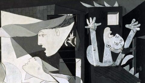 Detalle de un hombre implorando del Guernica. Guernica es un famoso cuadro de Pablo Picasso, pintado en París 2​ entre los meses de mayo y junio de 1937, cuyo título alude al bombardeo de Guernica, ocurrido el 26 de abril de dicho año (1937), durante la guerra civil española. 