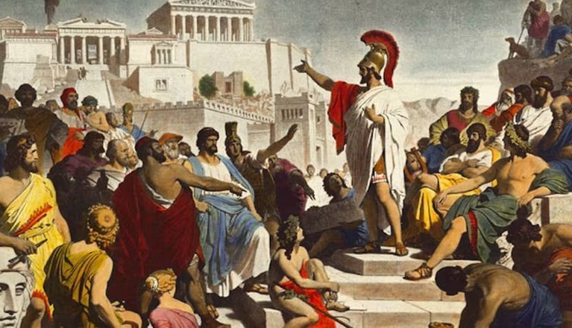  Discurso fúnebre de Pericles. (Philipp Foltz, 1877). Durante este discurso, recogido por Tucídides en Historia de la guerra del Peloponeso, Pericles trazó un retrato idealizado de la democracia ateniense. Wikimedia Commons
