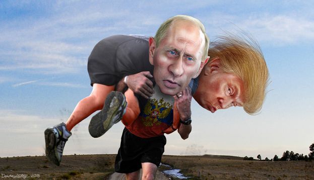 Donald Trump y Vladimir Poutine dans une caricature de DonkeyHotey sur Flick.