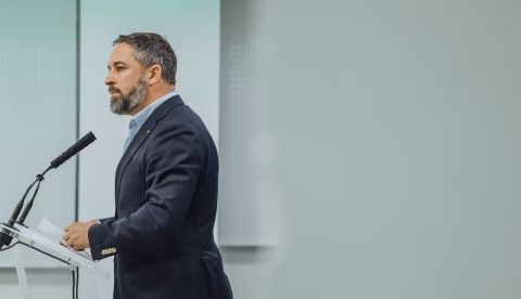 Santiago Abascal, líder de Vox, durante una rueda de prensa el 21 de febrero de 2022. Flikr / Vox