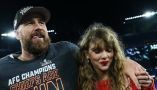 Travis Kelce celebrates with Taylor Swift on Jan. 28, 2024, after the Kansas City Chiefs defeated the Baltimore Ravens in the AFC championship game. Patrick Smith/Getty Images