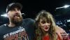  Travis Kelce celebrates with Taylor Swift on Jan. 28, 2024, after the Kansas City Chiefs defeated the Baltimore Ravens in the AFC championship game. Patrick Smith/Getty Images