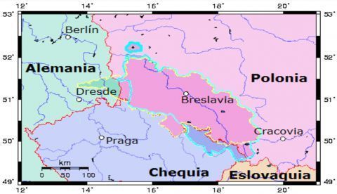La Silesia histórica superpuesta con las fronteras actuales: la medieval, la bohemia premoderna y la provincia de los Habsburgo y la Silesia prusiana (en amarillo) / Wikipedia.