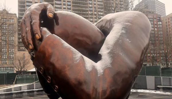 The Coretta and Martin Luther King Jr. memorial sculpture at Boston Common is called ‘The Embrace.’ Lane Turner/The Boston Globe via Getty Images