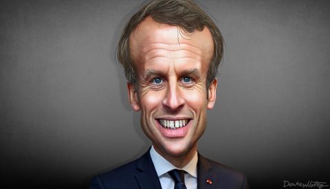 Emmanuel Macron en una caricatura de DonkeyHotey vía Flickr.
