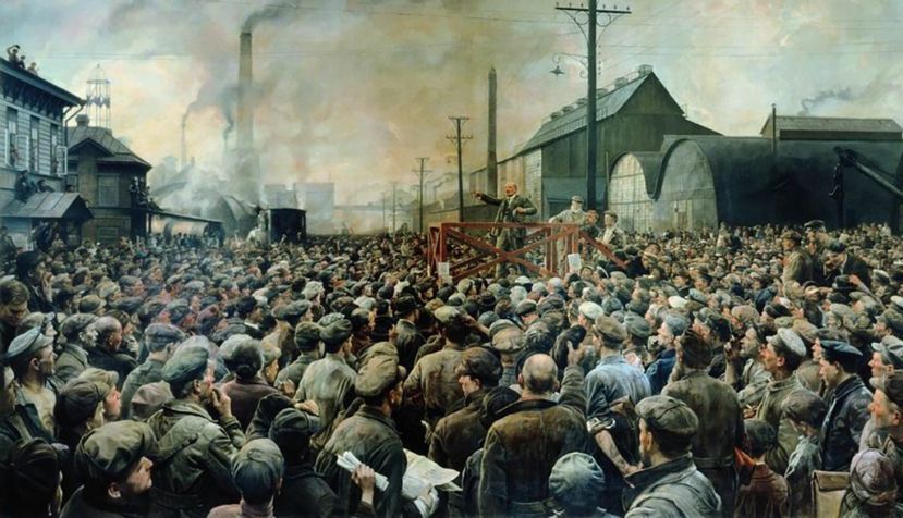 Lenin dando un discurso en la fábrica Putílov en mayo de 1919. Cuadro de Isaak Brodski, Museo de historia de Moscú. / Wikipedia