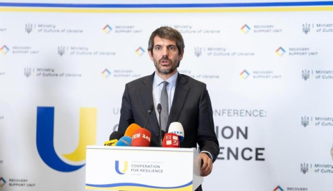 El ministro de Cultura, Ernest Urtasun, durante su participación en la II Conferencia Internacional 'Cultura para la Resiliencia' celebrada en Ucrania. / © lamoncloa.gob.es. Ministerio de la Presidencia.