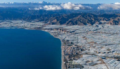  Vista de invernaderos junto a la costa con una cordillera de fondo Invernaderos en la costa de Almería (España). Mike Workman/Shutterstock