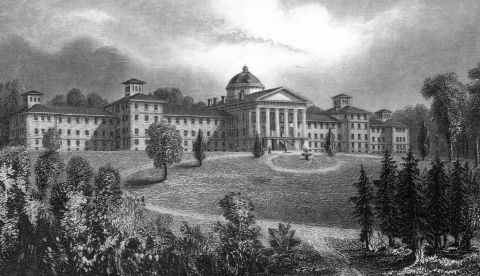 Trenton State Hospital (New Jersey State Lunatic Asylum), 1848. Wikimedia Commons / J.J. Pease after J.X. Mason