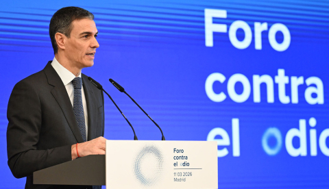 El presidente del Gobierno, Pedro Sánchez, durante su intervención en la primera edición del Foro contra el Odio. | Galería de las Colecciones Reales, Madrid - 11.3.2026