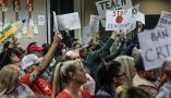 An even mix of proponents and opponents to teaching critical race theory attend a Placentia-Yorba Linda school board meeting in California. Robert Gauthier/Los Angeles Times via Getty Images