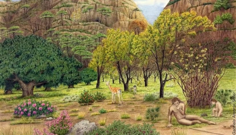 Un padre y su hijo neandertal en el paisaje que rodeaba la cueva de Bolomor, en el levante español. La ilustración está basada en datos científicos. Gabriela Amorós, Author provided
