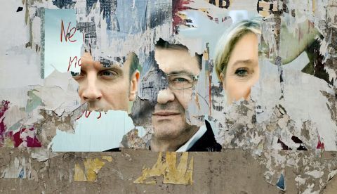 Fragmentos de los rostros de los tres candidatos más votados (Macron, Mélenchon y Le Pen) en las recientes elecciones a la Presidencia de Francia. Shutterstock / Laurentlesax