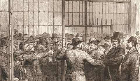 Una multitud de hombres acusados de fraude electoral durante las elecciones presidenciales entre Rutherford B. Hayes y Samuel J. Tilden discuten con agentes de la ley, Nueva York, noviembre de 1876.