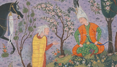 ‘Bizhan recibe una invitación a través de la nodriza de Manizha’, en el folio 300v del Shahnama (Libro de los Reyes) de Shah Tahmasp. Metropolitan Museum of Art