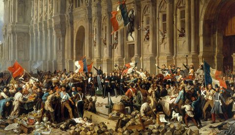 Lamartine, ante el Ayuntamiento de París, el 25 de febrero de 1848, rechaza la bandera roja. Pintura de historia de Henri Félix Emmanuel Philippoteaux. / Wikipedia.