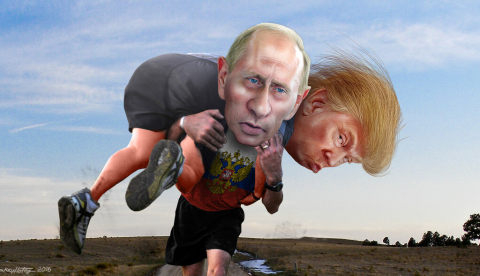 Donald Trump y Vladimir Putin en una caricatura de DonkeyHotey vía flikr.