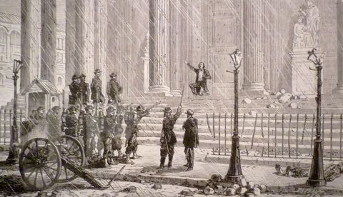 Exposición La Commune de Paris en el Hôtel de Ville de París (18 de marzo - 28 de mayo de 2011) - 26 de mayo: ejecución de Jean-Baptiste Millière en los escalones del Panteón - Grabado según Henri de Montaut para Le Monde Illustré du 10 Junio ​​de 1871 - Museo Carnavalet. / Wikipedia