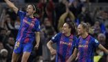 Barcelona’s Aitana Bonmati (L) celebrates with teammates during the UEFA Women’s Champions League quarter final. EPA-EFE/Alejandro Garcia
