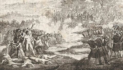 Fusilamientos de Burjasot por parte de los carlistas a las órdenes de Cabrera, tras la llamada «Acción del Pla del Pou» (2 de abril de 1837). Estos hechos, respecto de los cuales la propaganda liberal llegó a hablar de una orgía carlista sobre los cadáveres, podrían haber sucedido no tanto en Burjasot sino en Paterna. / Wikipedia