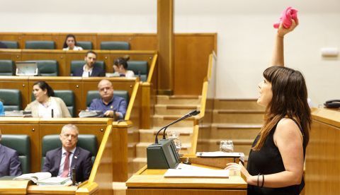 VITORIA (ÁLAVA), 27/06/2019.-La parlamentaria de EH Bildu Ohiana Extebarrieta interviene en e, pleno del Parlamento Vasco que ha aprobado este jueves una reforma legal para evitar que las personas transexuales sean tratadas como enfermas y puedan certificar su identidad sexual sin tener que presentar un informe psiquiátrico que lo demuestre. EFE/ David Aguilar