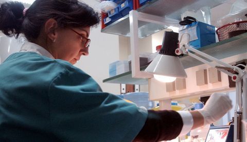 Una cientifica del Centro de coordinación del Hospital del Valle de Hebrón de Barcelona realiza pruebas en el laboratorio.