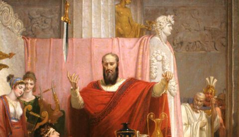 En La espada de Damocles, 1812 de Richard Westall, los jóvenes muchachos de la anécdota de Cicerón han sido sustituidos por vírgenes con un patrón neoclásico, Thomas Hope. / Wikipedia