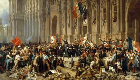 Lamartine, ante el ayuntamiento de París, se niega a la utilización de la bandera roja, 25 de febrero de 1848. / Wikipedia