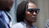 Wanda Cooper-Jones, mother of Ahmaud Arbery, listens as attorneys speak outside the Glynn County Courthouse on July 17, 2020, in Brunswick, Georgia. Photo by Sean Rayford/Getty Images