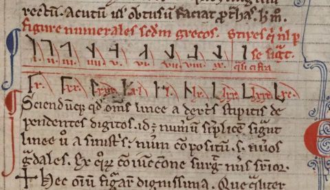 Fragmento de Chronica Majora, del historiador benedictino Mateo de París, en el que explica cómo trazar los números cistercienses. Cambridge, Corpus Christi College, MS 016II: Matthew Paris OSB, Chronica maiora II