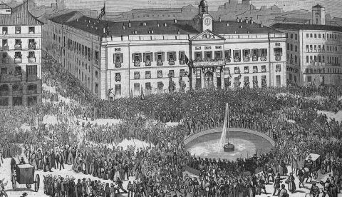 Dibujo de la Puerta del Sol en la mañana del 29 de septiembre de 1868, realizado por Vicente Urrabieta para la revista El Museo Universal. 